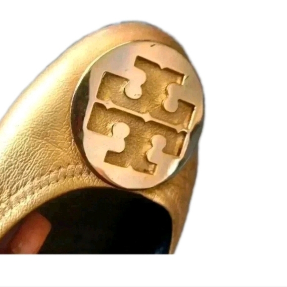 Tory Burch Womens Reva Metallic Gold Leather Ballerina RARE Statement Flats 9.5 - Picture 10 of 15